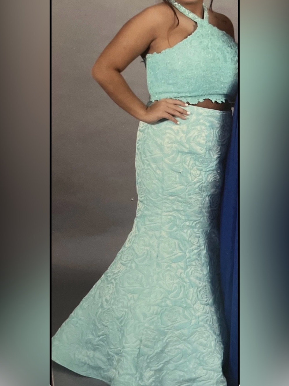 Ellie Wilde 2 Piece Gown(Aqua Marine) Size 16 Altered To 14 Pre-Owned Prom Dress